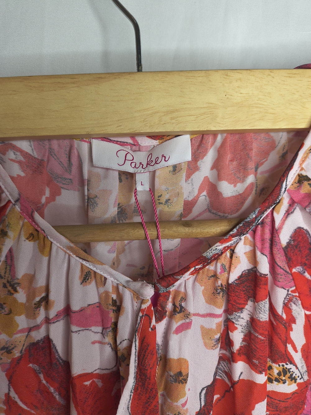 Parker Pink Floral Ruffle Midi Dress with Red & Yellow Accents - Picture 3 of 6
